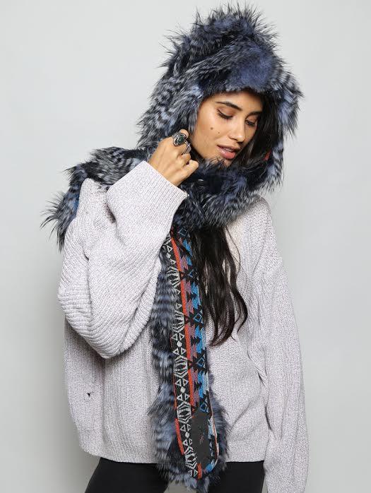 Woman wearing Faux Fur Blue Jay Collectors Edition SpiritHood, side view