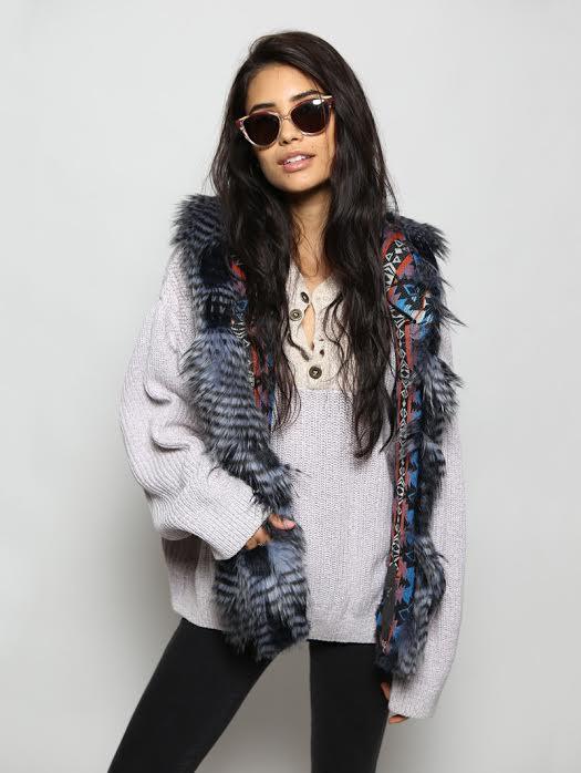 Woman wearing Faux Fur Blue Jay Collectors Edition SpiritHood, front view