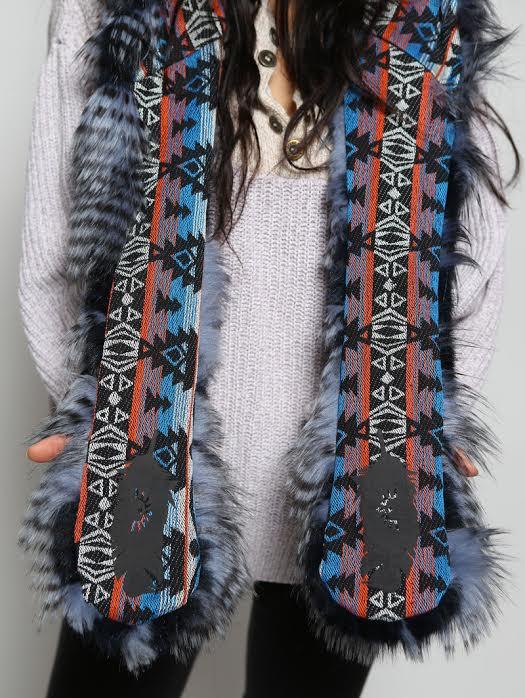 Woman wearing Faux Fur Blue Jay Collectors Edition SpiritHood, front view 3