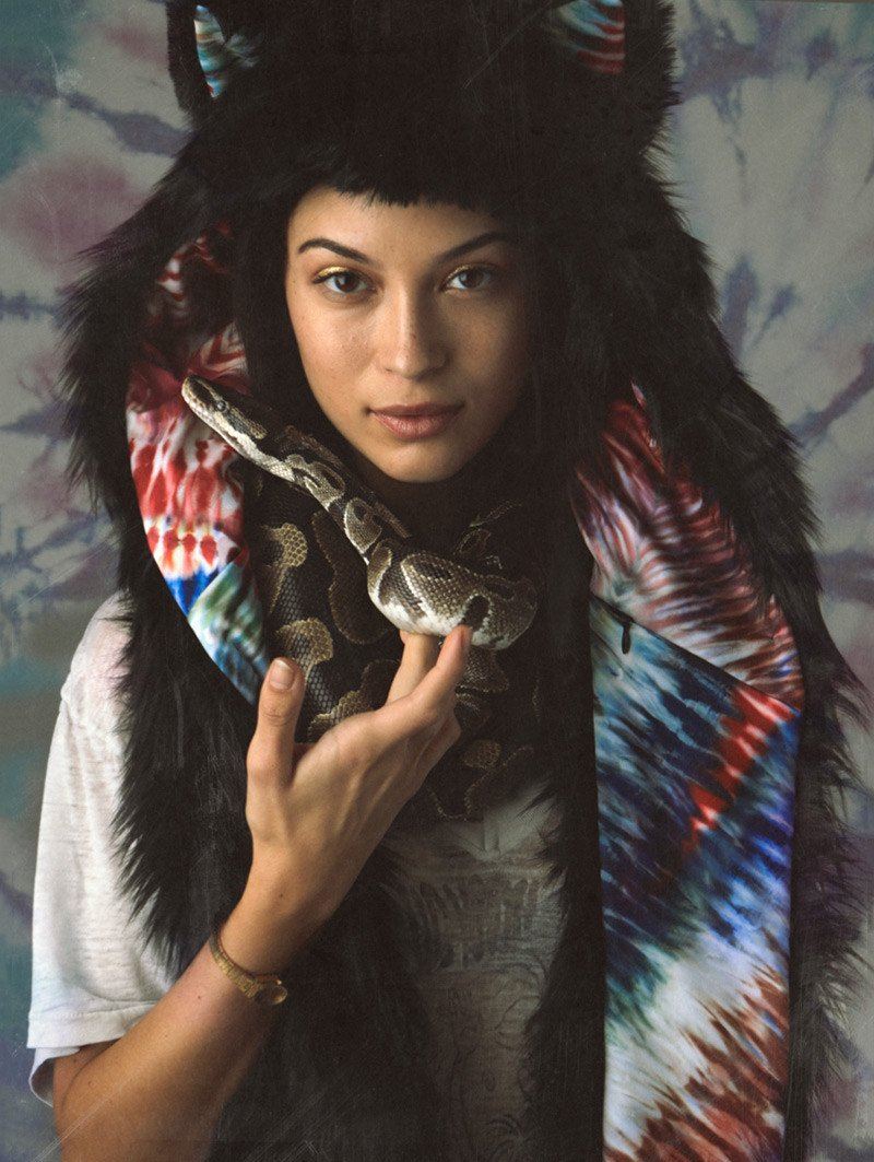 Woman wearing Faux Fur Black Wolf TieDye SpiritHood