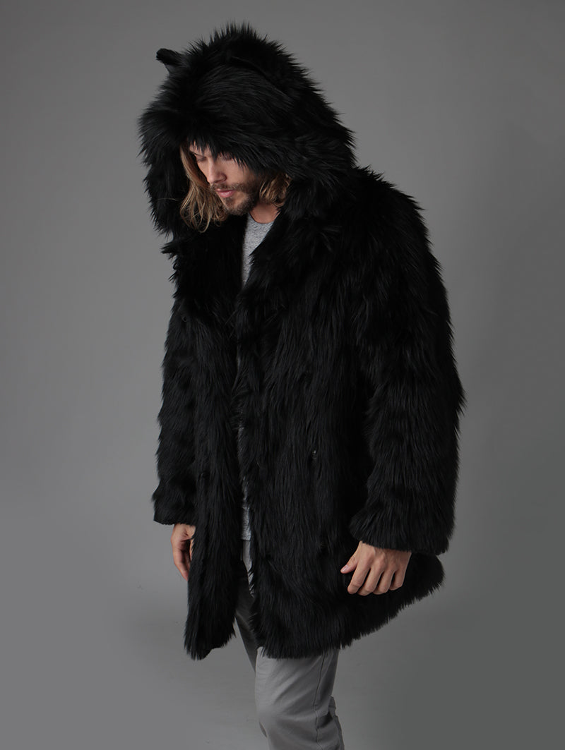 SpiritHoods LLC Black Wolf Hooded Faux Fur Coat | Men's XXL / Black