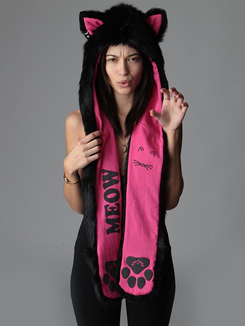 Black Kitty Hooded Faux Fur on Female Model