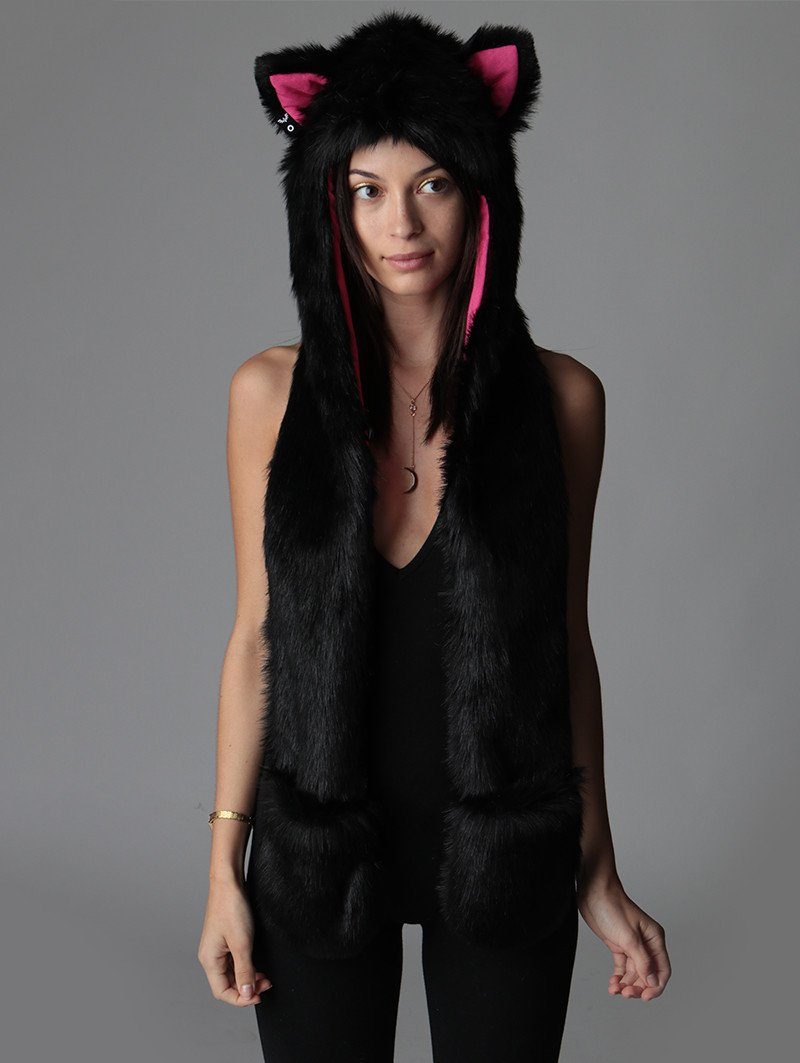 Hooded Faux Fur with Black Kitty Design