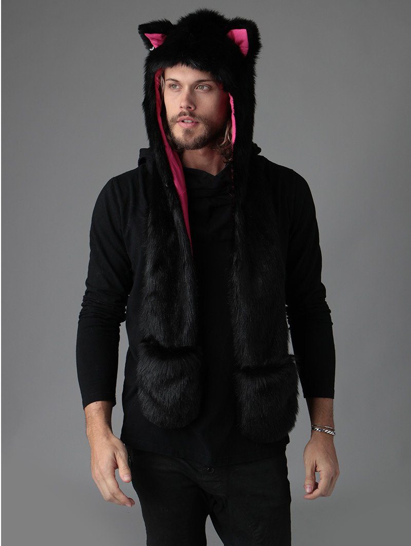 Man wearing faux fur Black Kitty SpiritHood, front view 2