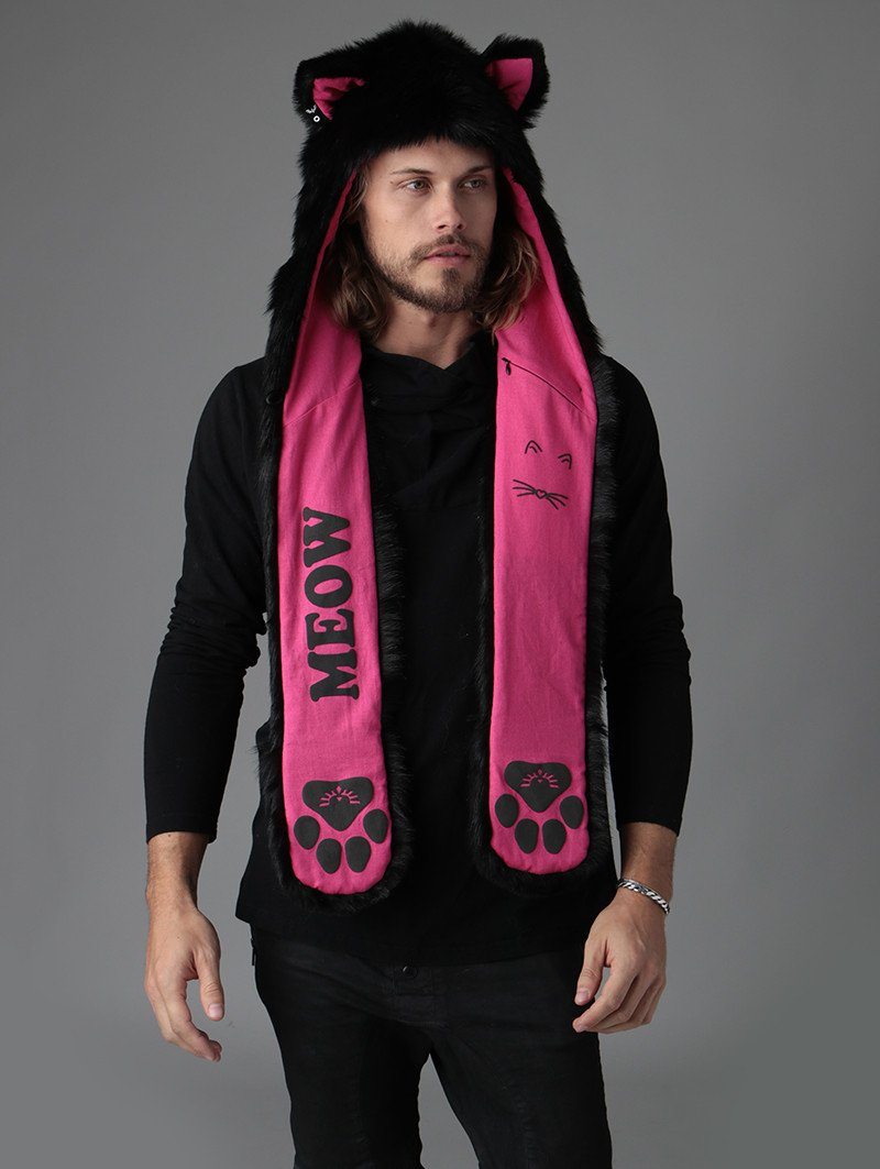 Man wearing faux fur Black Kitty SpiritHood, front view 1