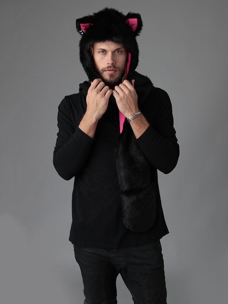 Man wearing faux fur Black Kitty SpiritHood, front view 3