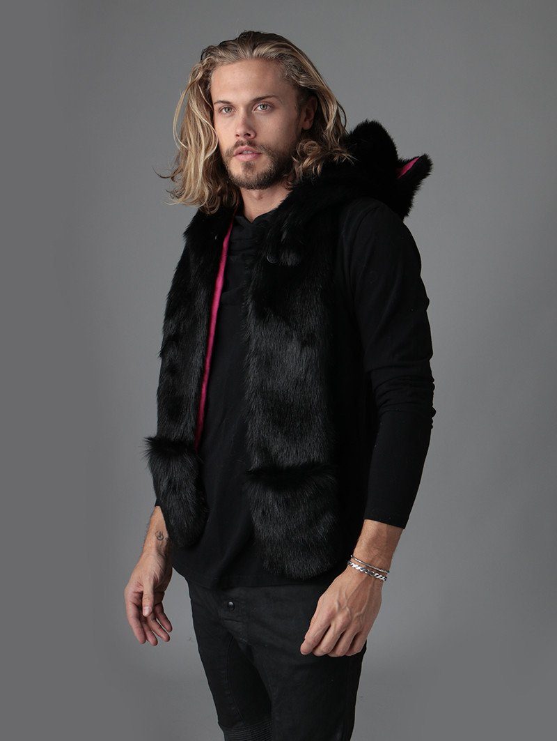 Man wearing faux fur Black Kitty SpiritHood, side view 1