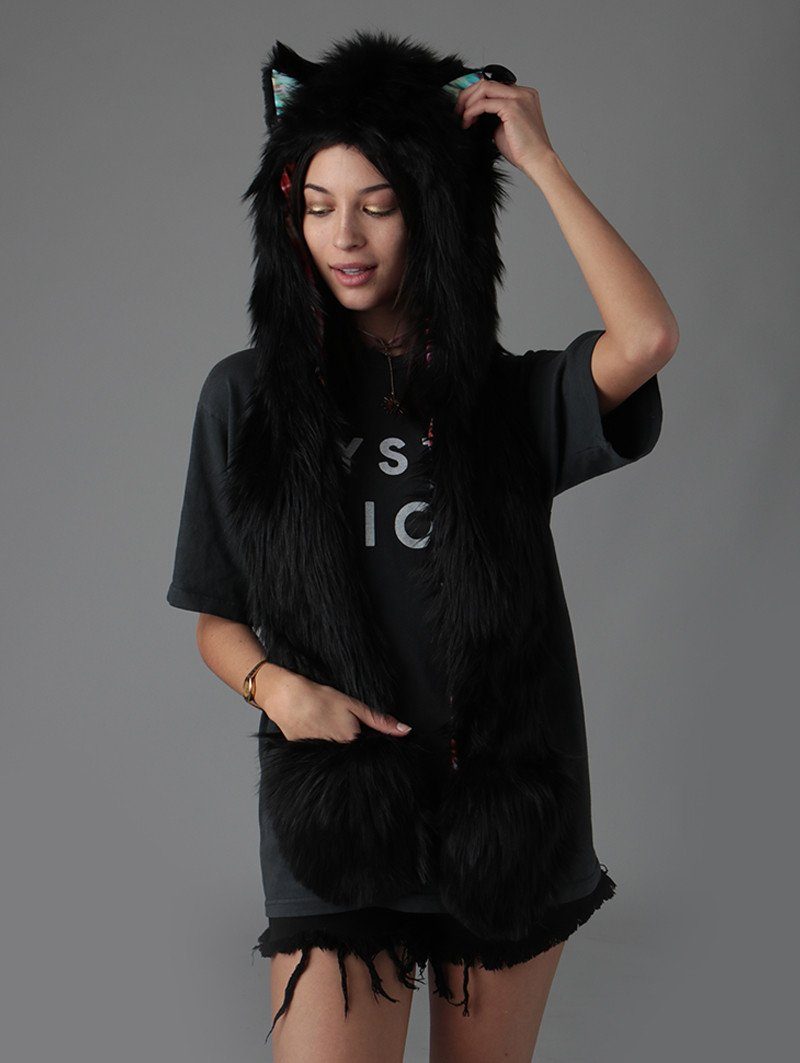 Woman wearing Faux Fur Black Wolf TieDye SpiritHood, front view 1