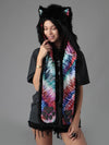 Woman wearing Faux Fur Black Wolf TieDye SpiritHood, front view