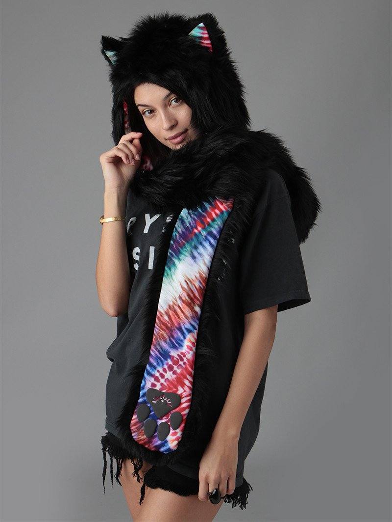 Woman wearing Faux Fur Black Wolf TieDye SpiritHood, side view