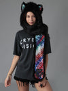 Woman wearing Faux Fur Black Wolf TieDye SpiritHood, front view 2