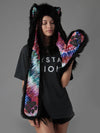 Woman wearing Faux Fur Black Wolf TieDye SpiritHood, front view 3