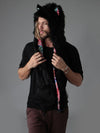 Man wearing faux fur Black Wolf TieDye SpiritHood, side view 2