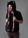 Man wearing faux fur Black Wolf TieDye SpiritHood, side view 1