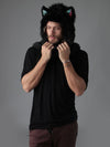 Man wearing faux fur Black Wolf TieDye SpiritHood, side view 3