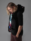 Man wearing faux fur Black Wolf TieDye SpiritHood, side view 4