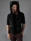 Man wearing faux fur Black Wolf TieDye SpiritHood, front view 1