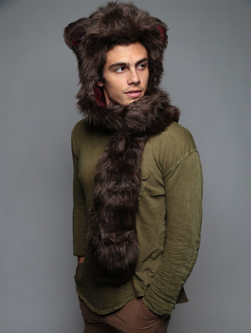 Man wearing faux fur Brown Bear SpiritHood, side view 1