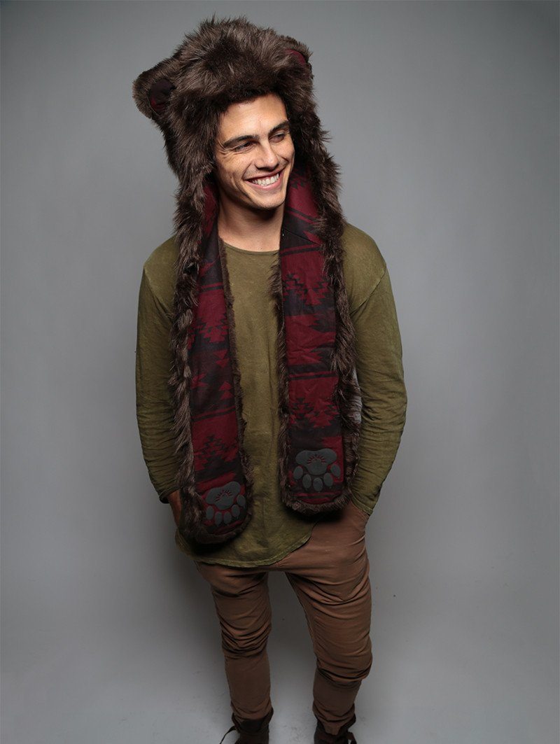 Man wearing faux fur Brown Bear SpiritHood, front view 4