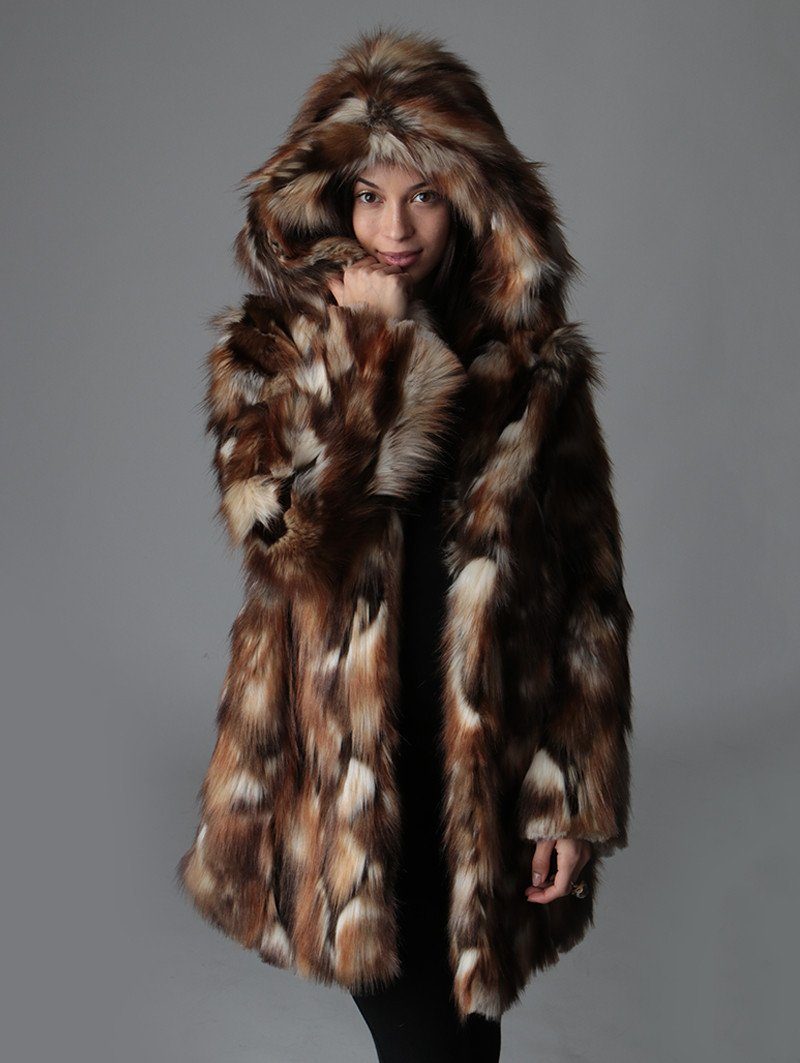 Woman wearing Brown Rabbit Faux Fur Coat SpiritHood, front view 1