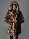 Woman wearing Brown Rabbit Faux Fur Coat SpiritHood, front view 3