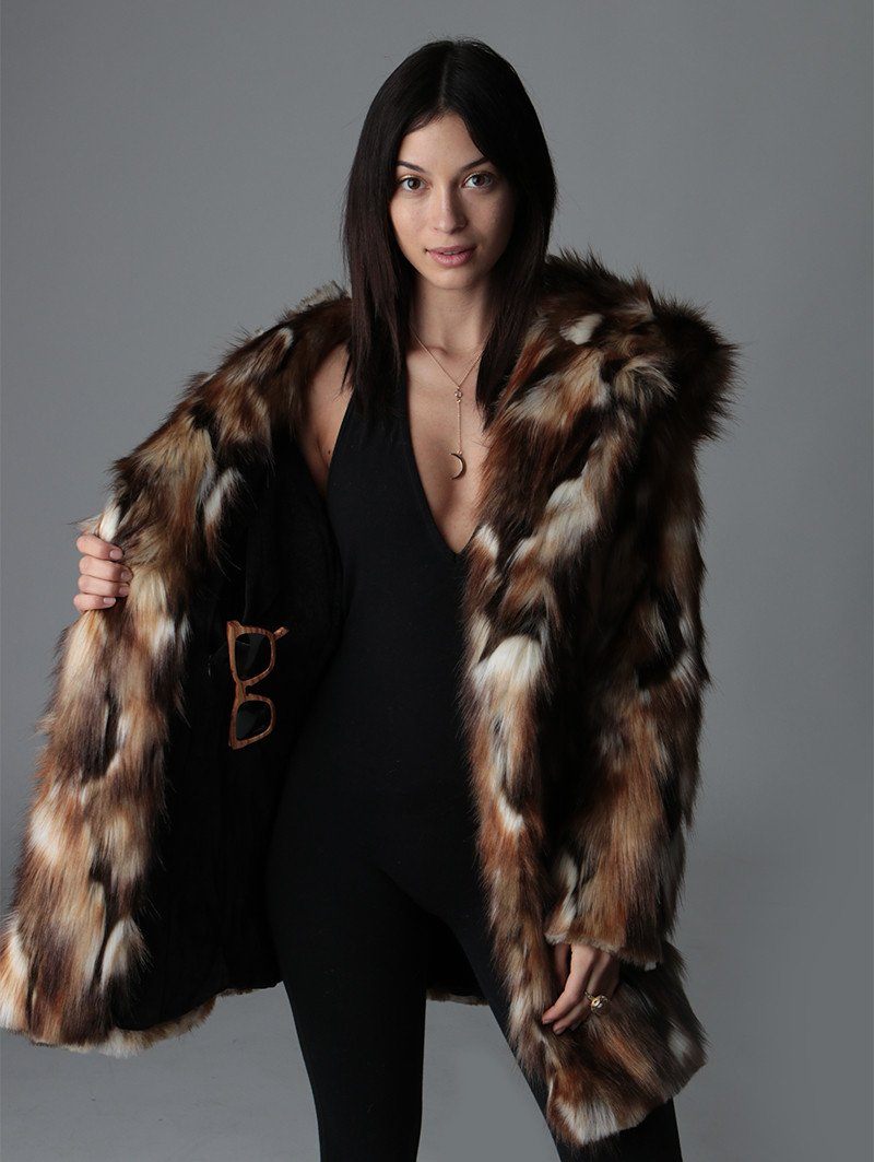 Woman wearing Brown Rabbit Faux Fur Coat SpiritHood, front view 4