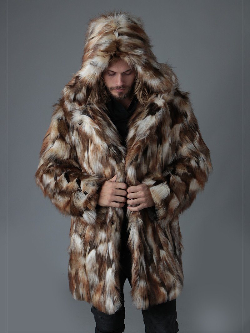 Man wearing Brown Rabbit Faux Fur Coat, front view 1