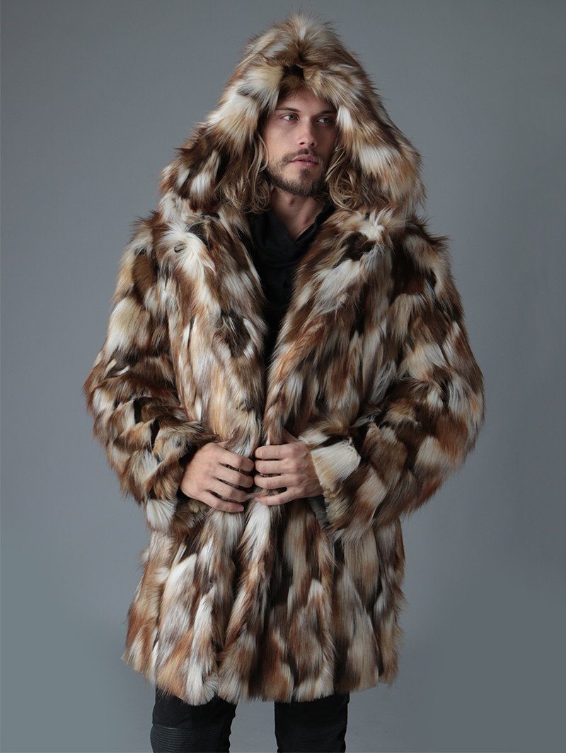 Man wearing Brown Rabbit Faux Fur Coat, front view 2
