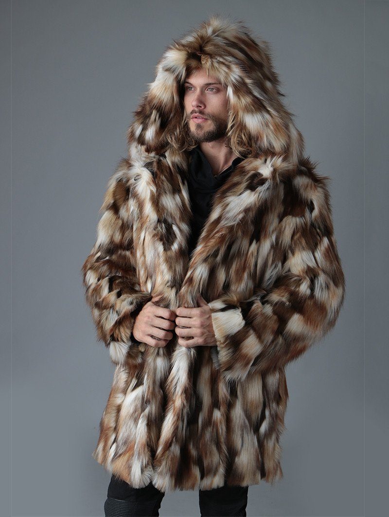 Man wearing Brown Rabbit Faux Fur Coat, side view 2