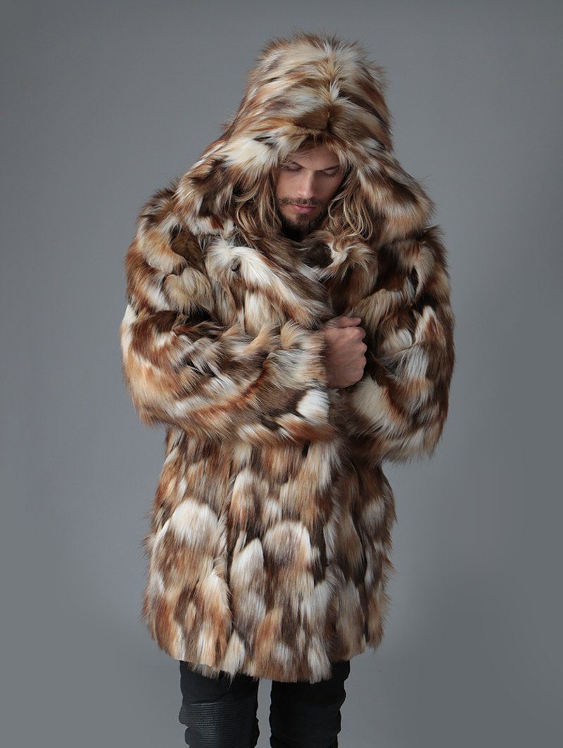 Man wearing Brown Rabbit Faux Fur Coat, front view 3