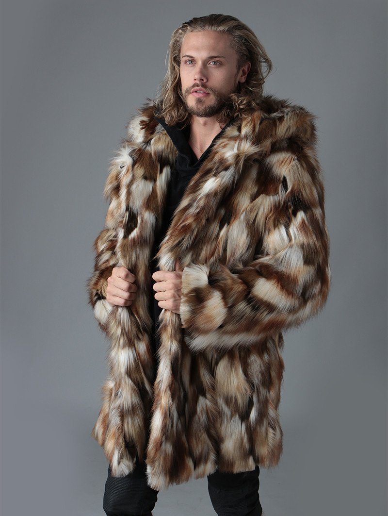 Man wearing Brown Rabbit Faux Fur Coat, side view 1