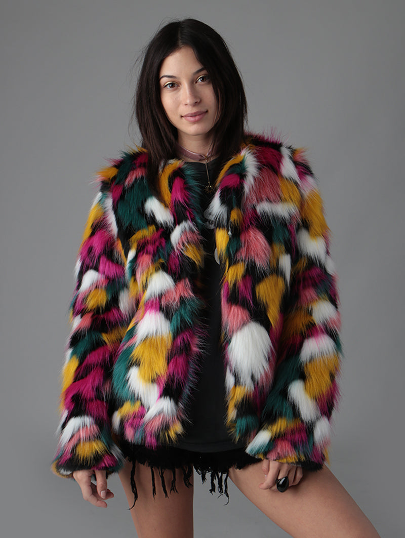 Woman wearing faux fur Butterfly Bomber Limited Edition coat, side view 1