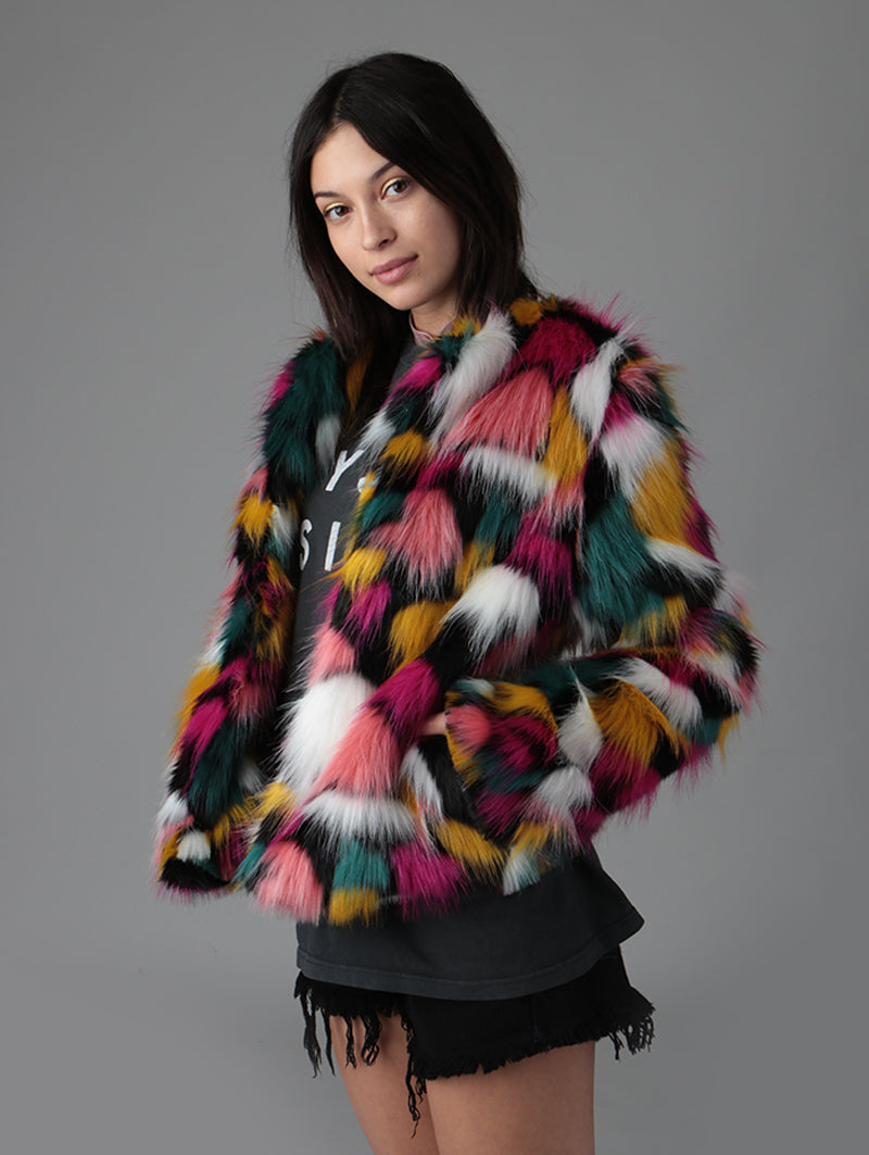 Woman wearing faux fur Butterfly Bomber Limited View coat, side view 2