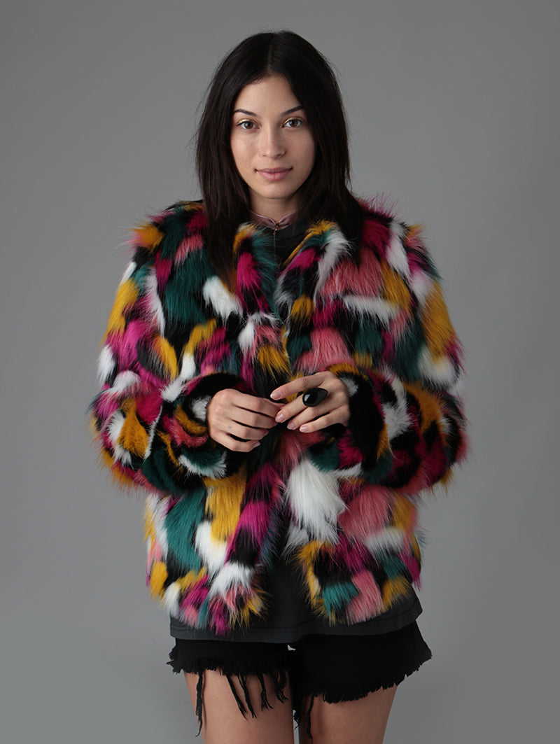 Woman wearing faux fur Butterfly Bomber Limited View coat, front view 3
