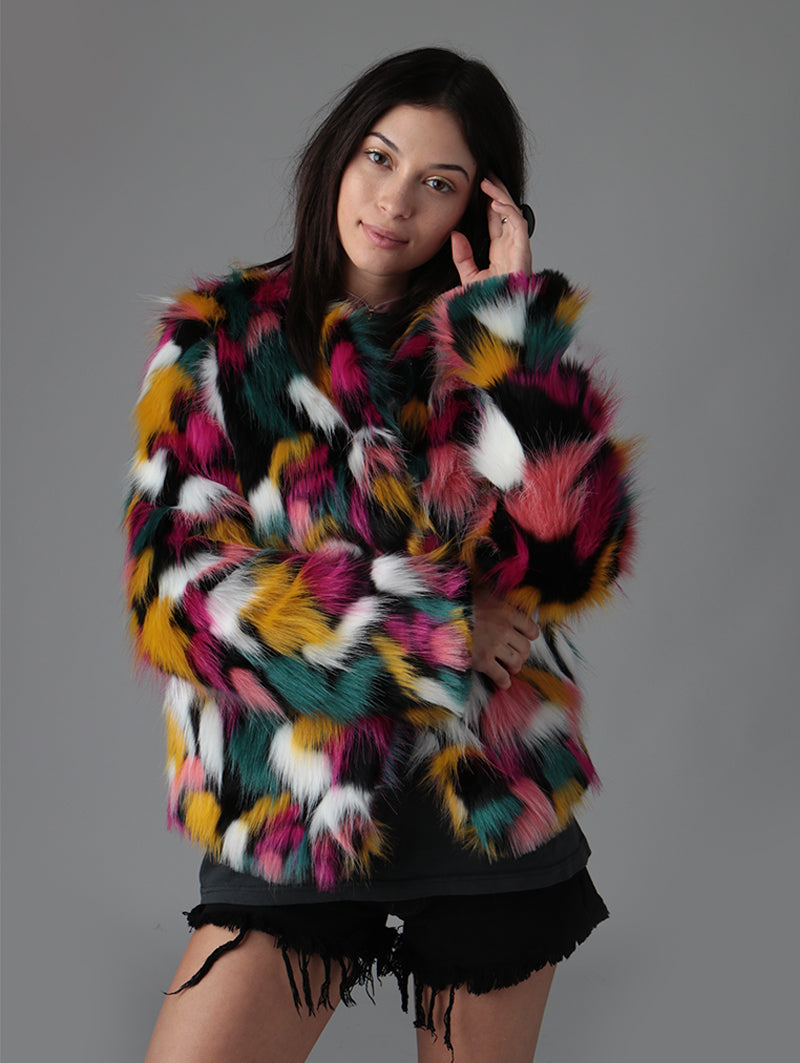Woman wearing faux fur Butterfly Bomber Limited View coat, front view 4