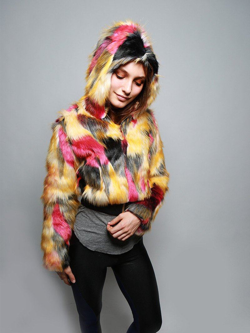 Monarch Butterfly Hooded Faux Fur Crop Jacket