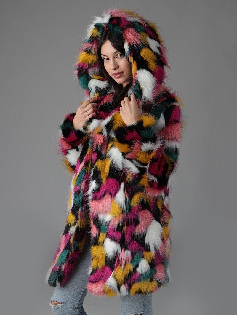 Woman wearing Butterfly Faux Fur Coat SpiritHood, side view
