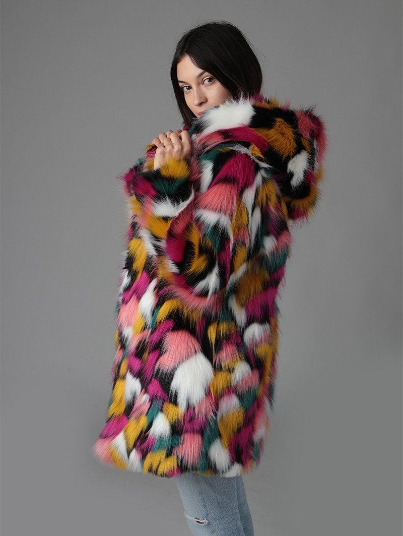 Woman wearing Butterfly Faux Fur Coat SpiritHood, side view 3