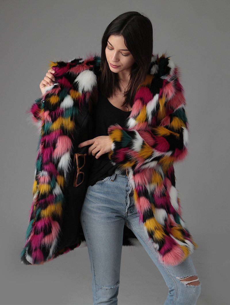 Woman wearing Butterfly Faux Fur Coat SpiritHood, front view