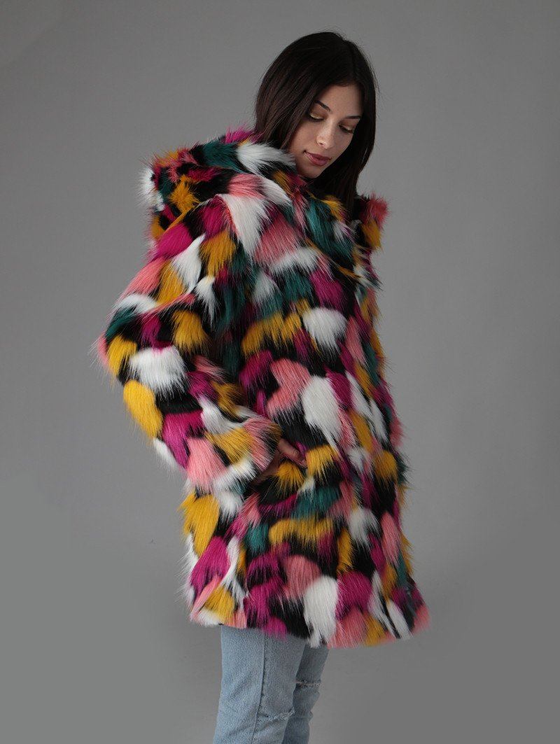 Woman wearing Butterfly Faux Fur Coat SpiritHood, side view 1