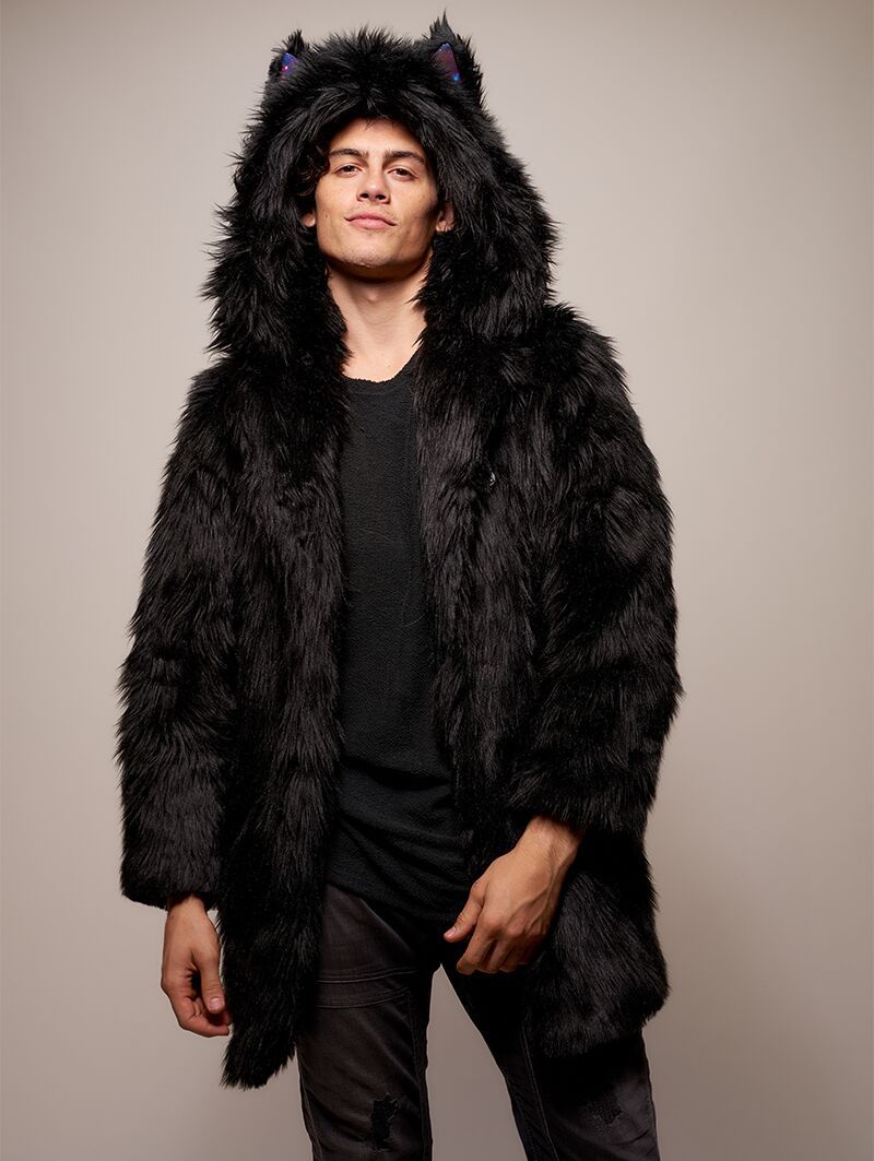 Man wearing Black Wolf Galaxy Faux Fur Coat, front view 2