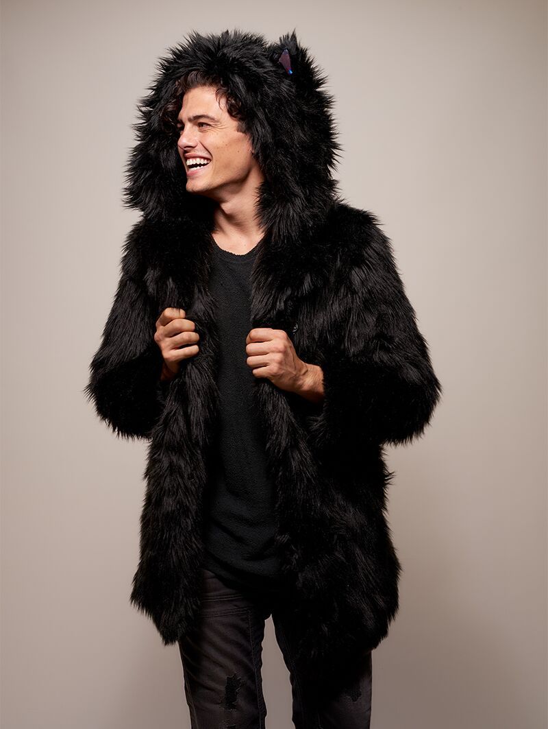 Man wearing Black Wolf Galaxy Faux Fur Coat, side view 1