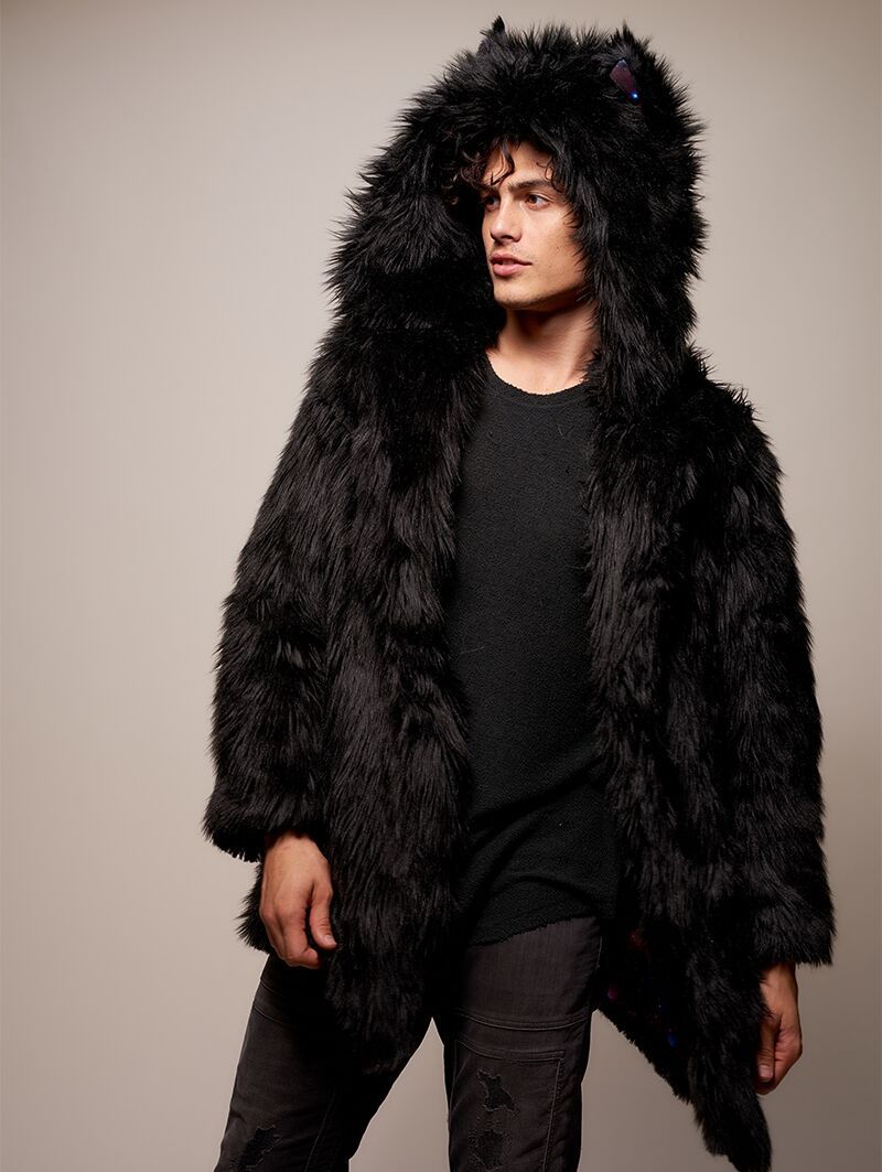 Man wearing Black Wolf Galaxy Faux Fur Coat, front view 4