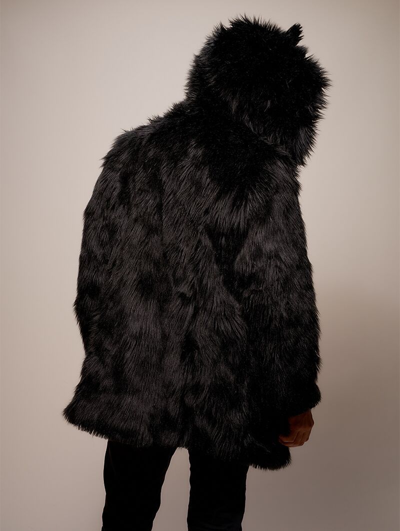Man wearing Black Wolf Galaxy Faux Fur Coat, back view 1