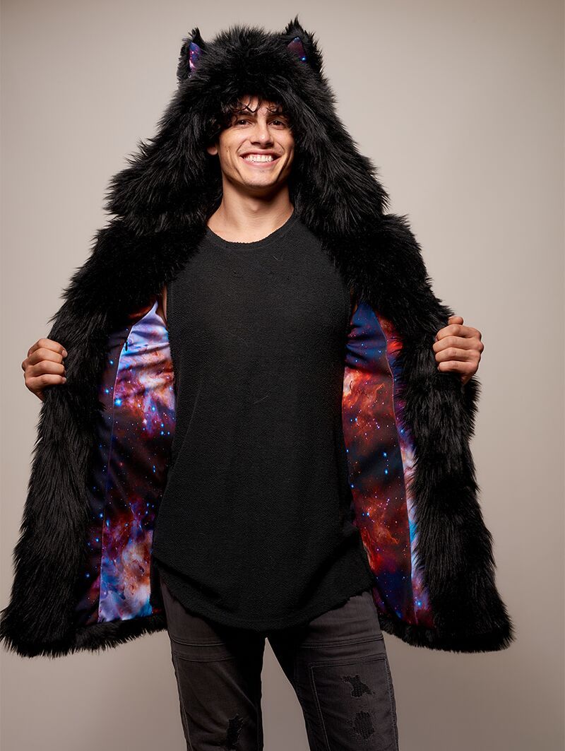 Man wearing Black Wolf Galaxy Faux Fur Coat, front view 1