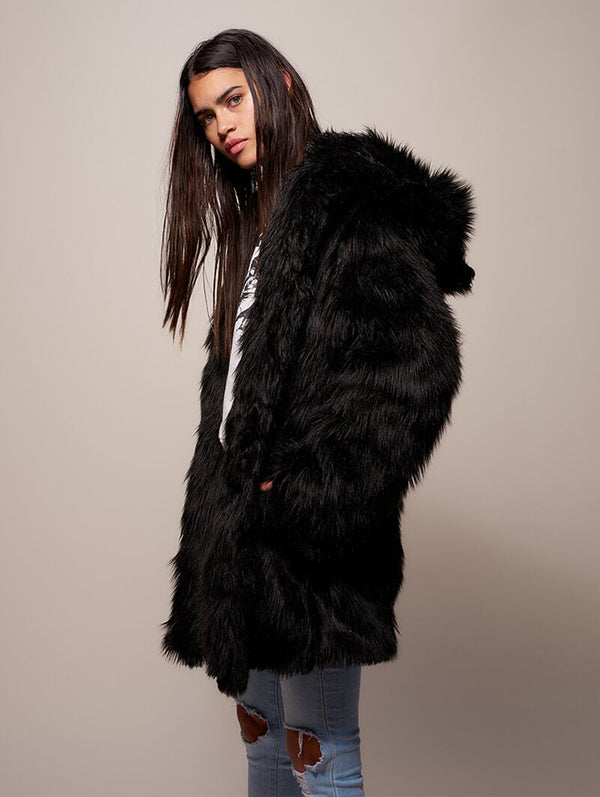 Black Wolf Galaxy Faux Fur Coat - Unleash Stellar Elegance