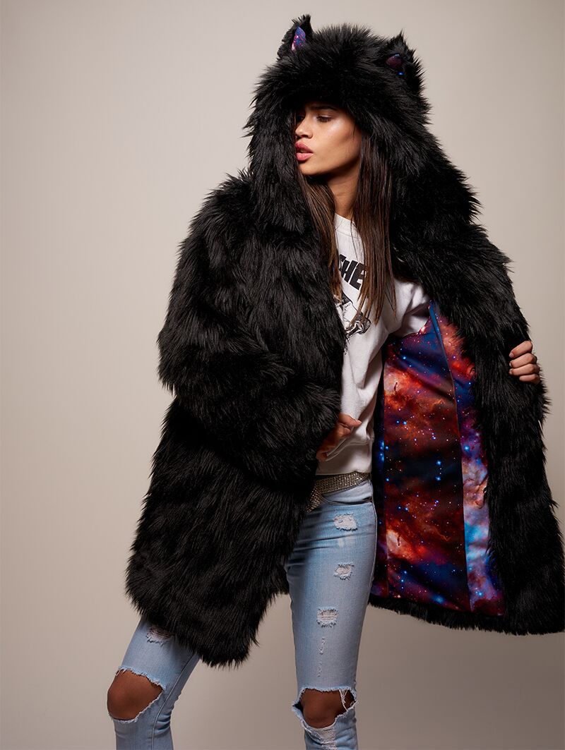 Woman wearing Black Wolf Galaxy Faux Fur Coat, front view 2