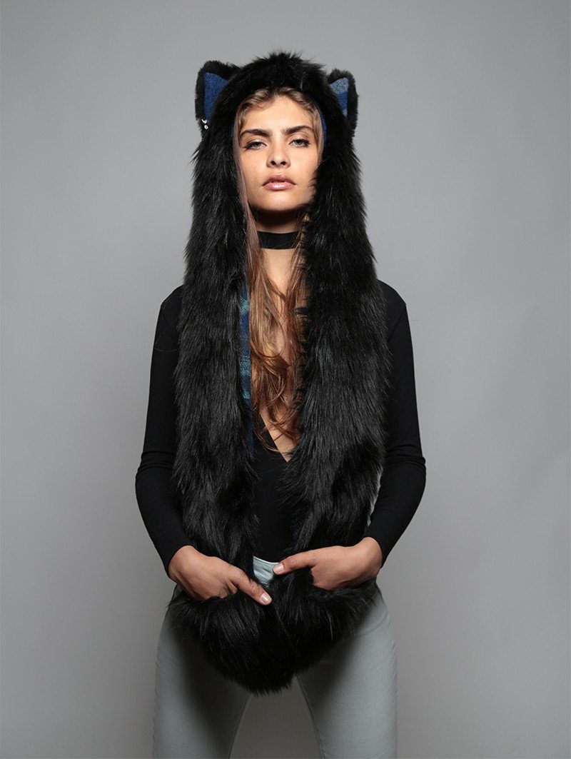 Woman wearing Faux Fur Black Wolf Italy SpiritHood, front view 2