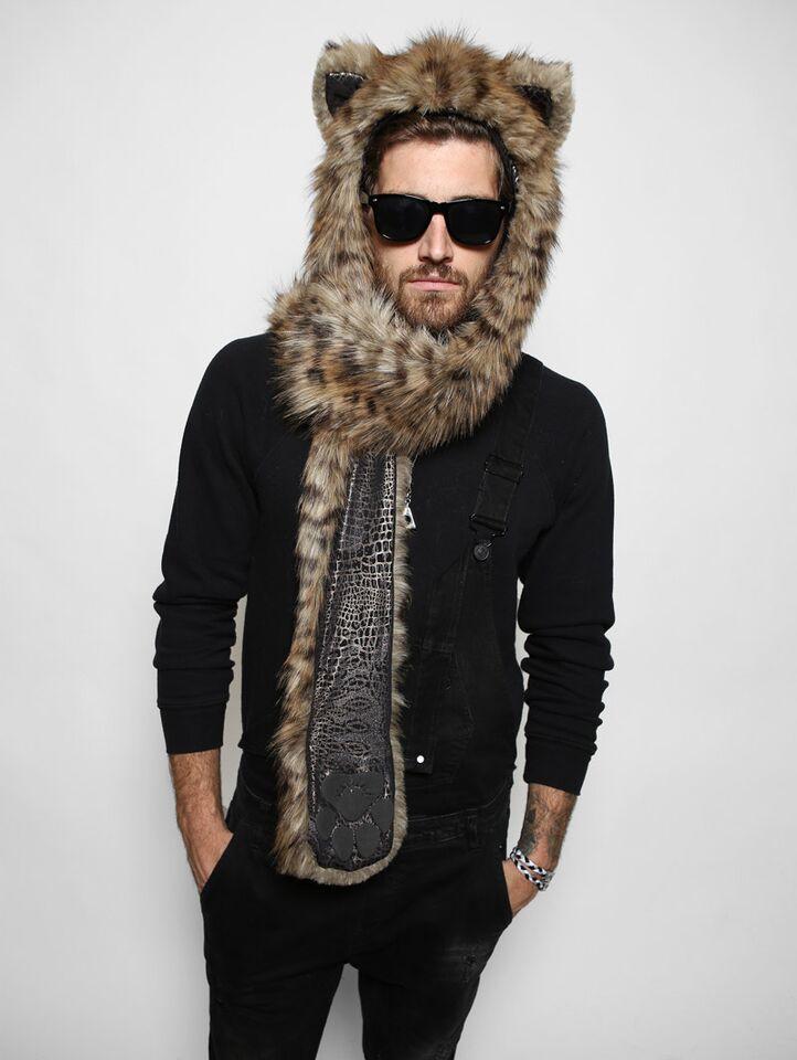 Man wearing faux fur Baby Bobcat SpiritHood, front view 1