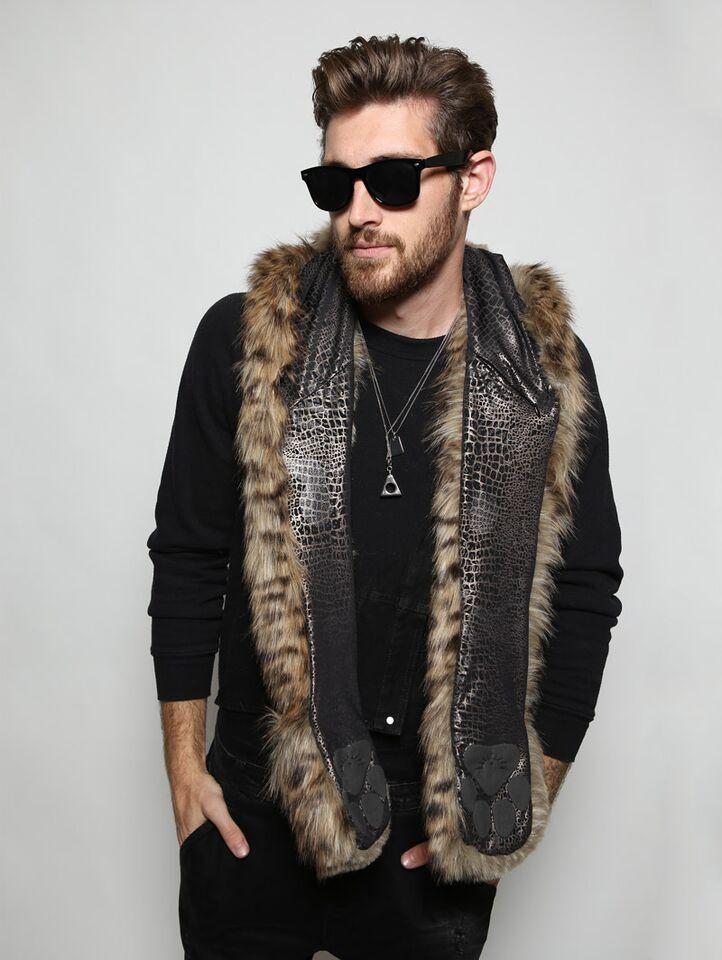 Man wearing faux fur Baby Bobcat SpiritHood, front view 1